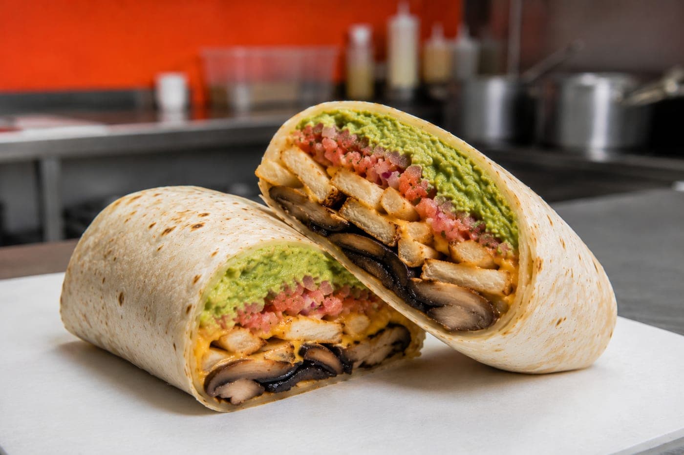Portobello burrito — Hongo portobello, queso, papas, guacamole, pico. Sin carne.