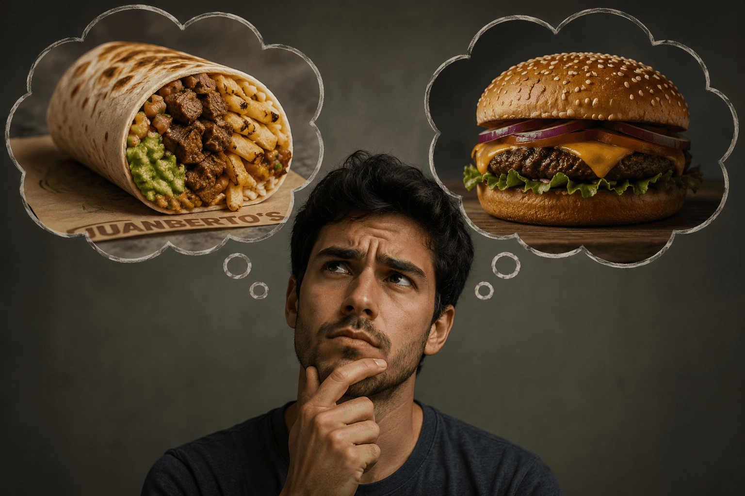 Un joven pensativo, con dos burbujas de pensamiento: un burrito California de Juanberto's cargado de carne asada, papas, guacamole y pico de gallo de un lado, y una hamburguesa con queso del otro.