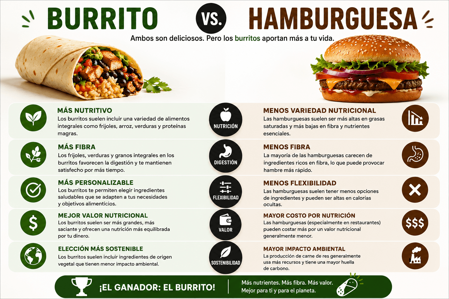 Infografía Burrito vs Hamburguesa comparando nutrición, digestión, flexibilidad, valor y sostenibilidad. El burrito gana en las cinco categorías.