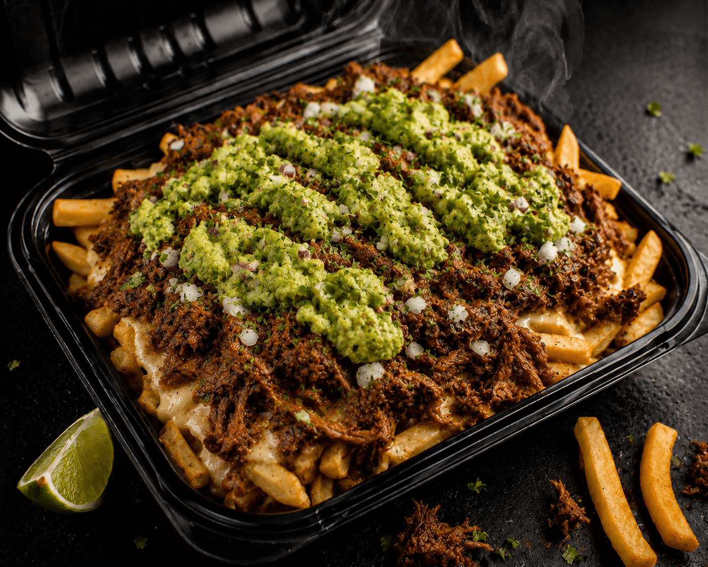 Birria Fries — Birria de res deshebrada, queso derretido, guacamole, cebolla blanca y cilantro sobre papas.