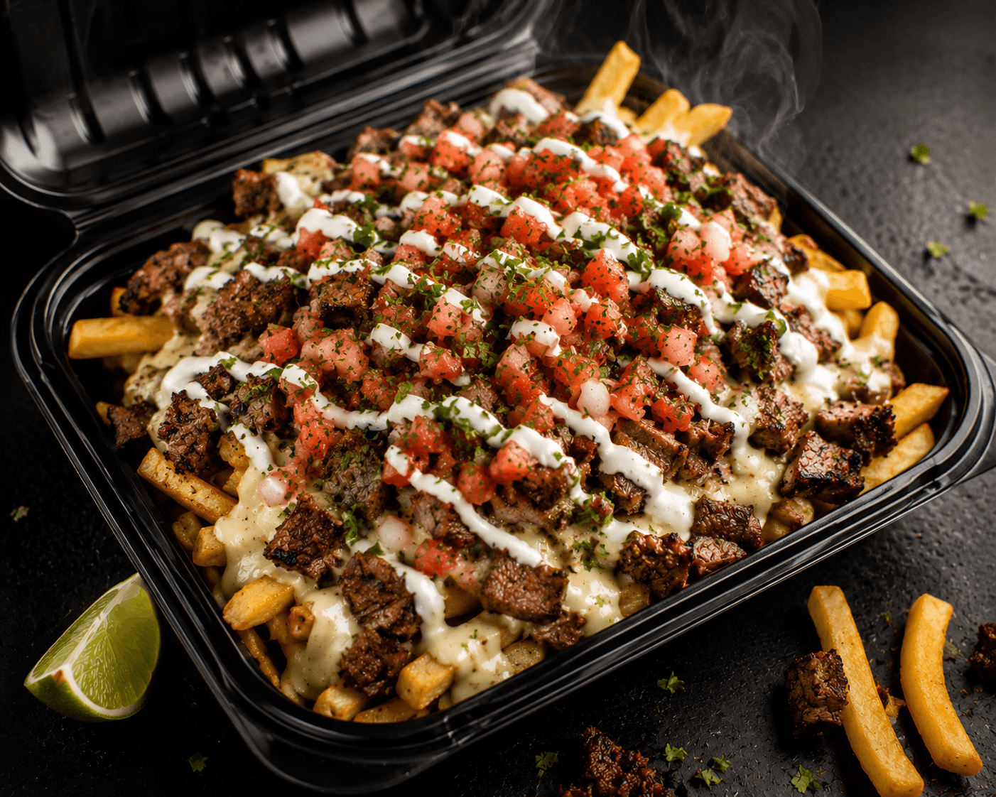 Carne Asada Fries — Picada y servida sobre papas. (Aquí no hay nachos.)