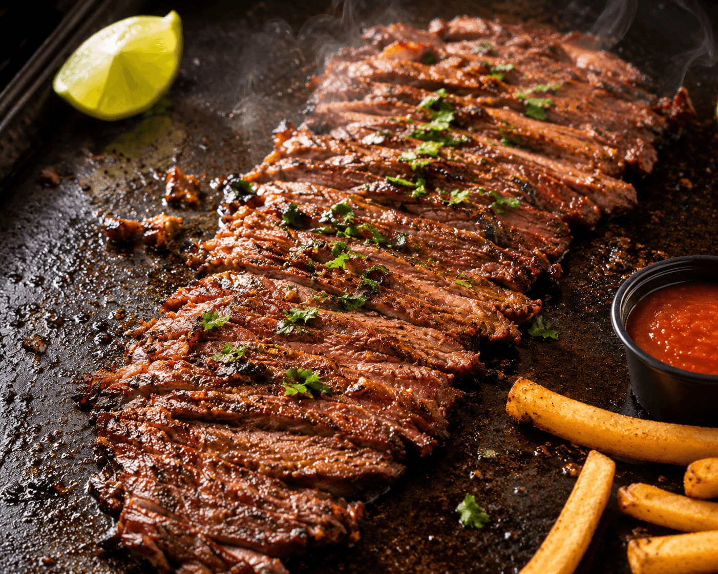Carne asada Juanberto's — arrachera grass-fed recién salida de la plancha, fileteada, con limón y salsa roja