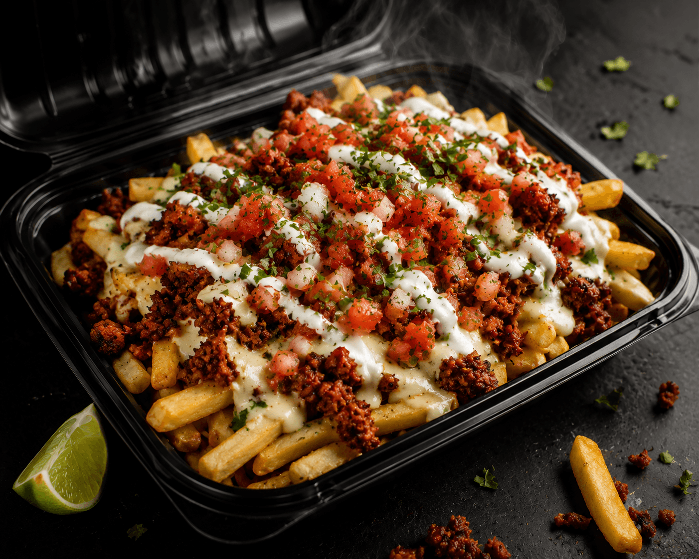 Chorizo Fries — Chorizo mexicano, queso derretido, crema y pico de gallo sobre papas.