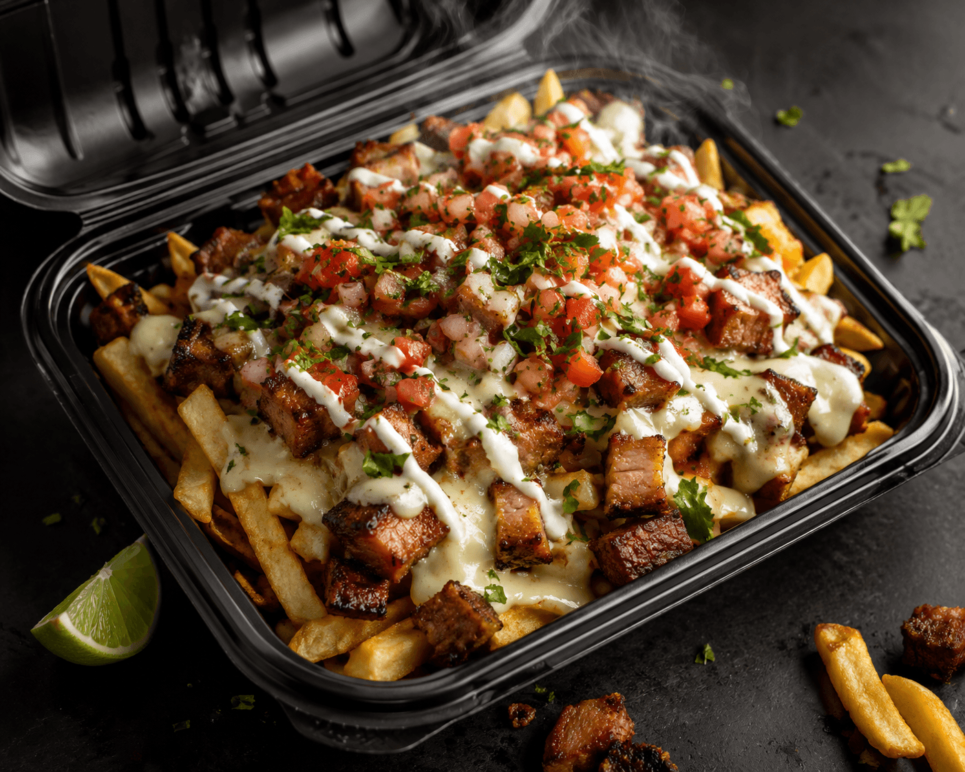 Porkbelly Fries — Pancetta de puerco crujiente, queso derretido, crema y pico sobre papas.